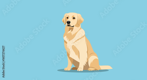 Vector illustration of a golden retriever dog sitting patiently against a soft blue background featuring simplistic, stylized design and clean lines