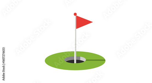 Minimalist Golf Hole Illustration: Red Flag on Green Circle with Hole, Emphasizing Precision and the Sport's Essence