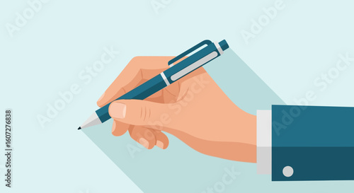 Illustrative depiction of hand holding a pen in a writing gesture with a formal attire cuff displayed
