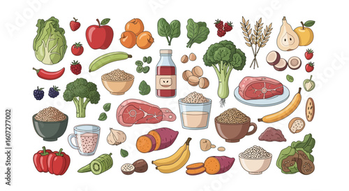 Diverse assortment of fresh produce and wholesome ingredients for balanced diet planning and health awareness illustration