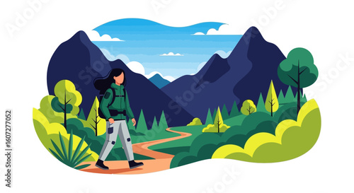 Scenic mountain trek illustration featuring a hiker on a winding trail through nature