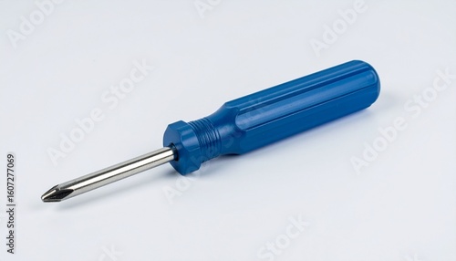 A single crosshead screwdriver with a vibrant blue plastic handle, an essential tool for repair and construction, isolated on a white studio background.
