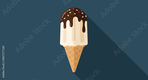 Appealing vanilla ice cream cone with rich chocolate drizzle and sprinkles, delectable dessert, perfect for summer indulgence
