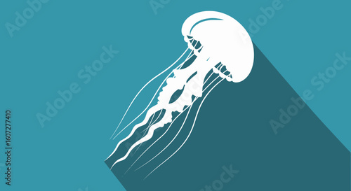 Elegant Aquatic Marine Life Silhouette: Stylized Jellyfish on Teal Backdrop with Extended Shadow Projection