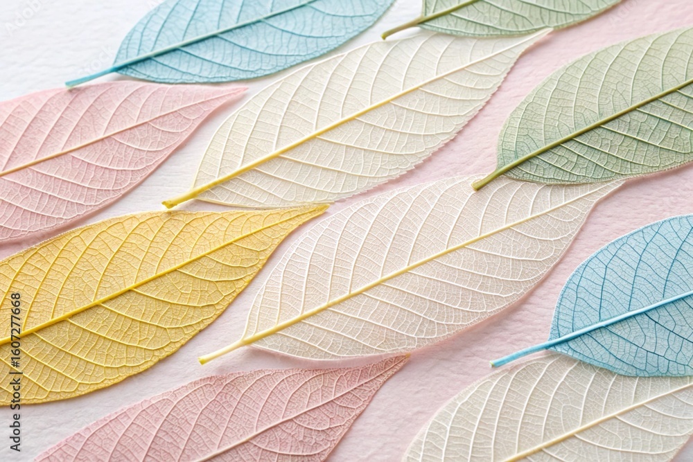 Obraz premium A delicate arrangement of translucent skeleton leaves in pastel shades of pink, blue, green, and yellow creates an intricate natural pattern