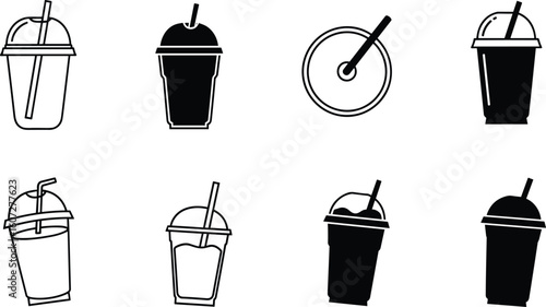 Set of stylized hand drawn iced coffee and smoothie drinks in clear and black cups with straws