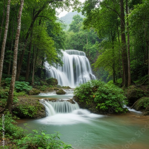 Cascading Waterfall Amidst Lush Green Forest Tropics and Verdant Foliage