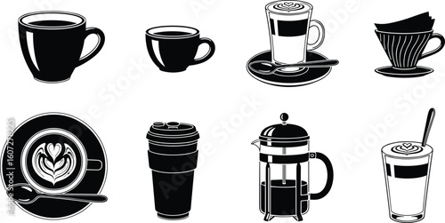 Set of eight hand drawn black and white coffee drinks and brewing equipment in a vintage sketch style