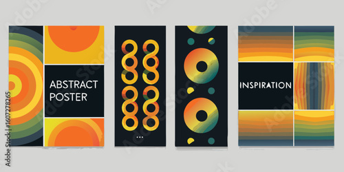 Collection of four abstract graphic design posters with modern geometric shapes and gradients