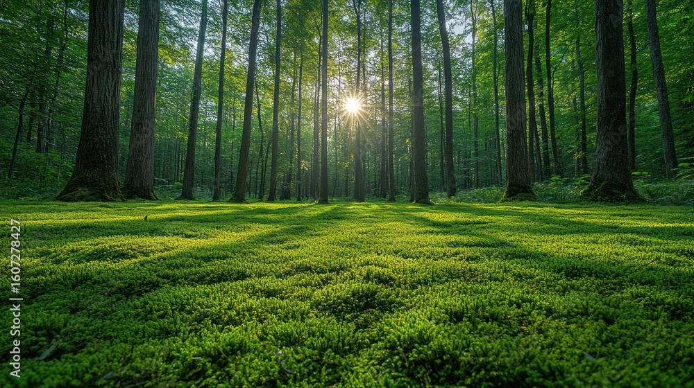 Obraz premium Sunlight streams through mossy forest floor