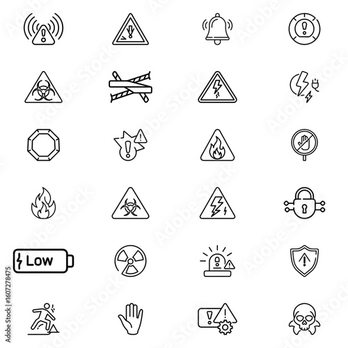Collection of various hazard warning signs including electrical, biohazard, and general safety icons present