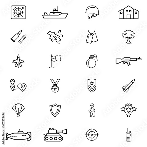 Collection of military themed icons featuring weapons vehicles and personnel in a simple line art style