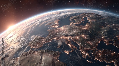 Stunning View of Earth from Space Showing Europe and City Lights