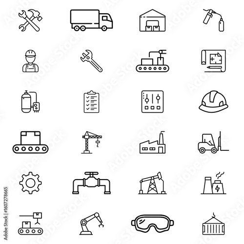 Illustration showing various industry and manufacturing icons including tools, vehicles, and equipment items