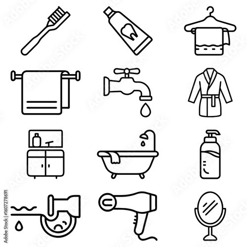 Collection of bathroom related line icons including toothbrush, bathtub, mirror and hair dryer items