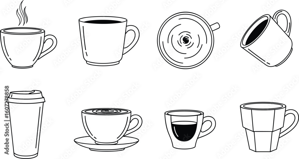 Fototapeta premium Set of hand drawn coffee cups and mugs in various styles and sizes on a white background