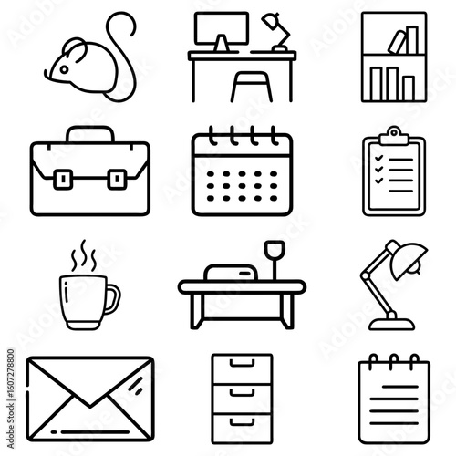 Outline icons depicting office objects including desk, calendar, briefcase, and other office supplies