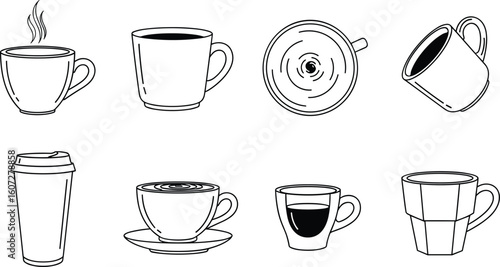Set of hand drawn coffee cups and mugs in various styles and sizes on a white background