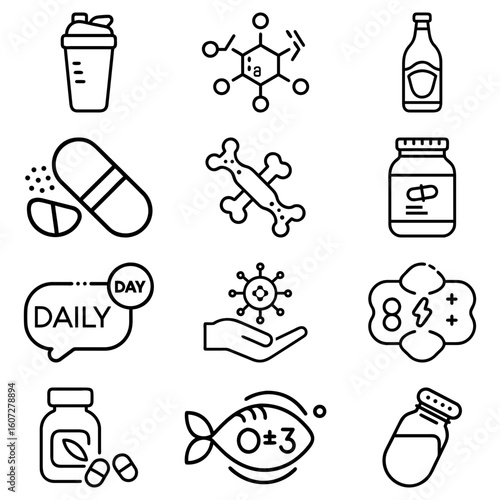 Illustration of supplements and health related icons including pills and a fish with omega 3