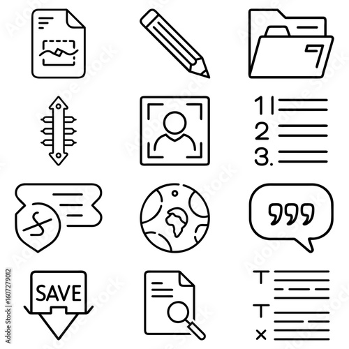 Collection of various outline icons including document, pencil, folder, list and globe symbols for design use