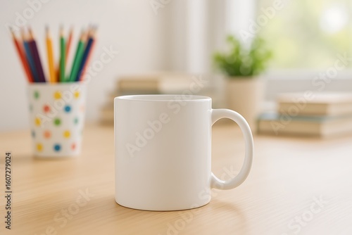 A clean white mug sits on a wooden desk by a window with pencils and a plant, suggesting focus.
