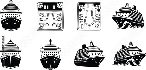Set of stylized cruise ship illustrations in black and white showing front and side views with wavy water effects