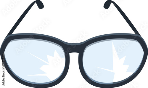 Broken eyeglasses with cracks reflecting light, isolated on white background, depicting accident, damage, and need for repair