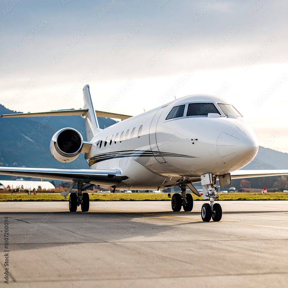 Fototapeta premium Private jet on tarmac, mountains backdrop