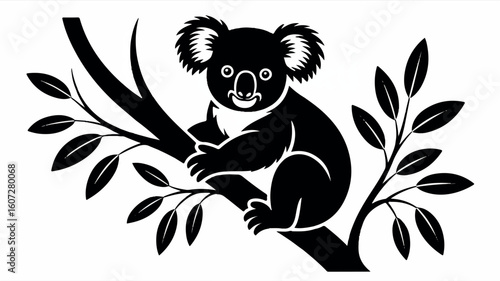 Minimalist black and white illustration of a koala sitting on a eucalyptus branch