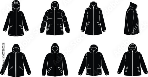 Set of black winter parkas and hooded jackets displayed from different angles on a white background