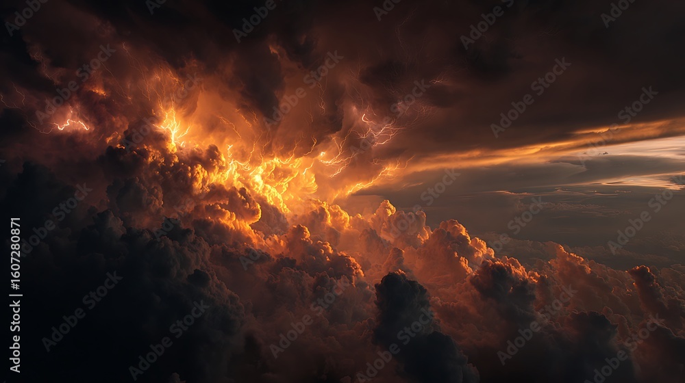 Fototapeta premium Fire in the sky, sun, and forest during sunset with clouds and dramatic light