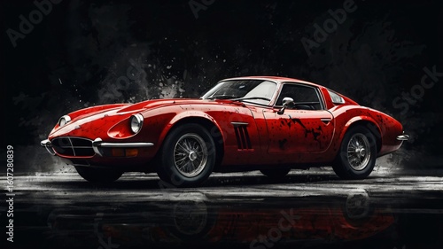 Ultra-Detailed 1960s Vintage Sports Car on Dark Glossy Background