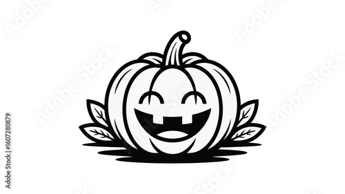 Pumpkin with a smiling face and leaves, ideal for harvest season themed designs, Halloween decorations, greeting cards, and autumn promotions.