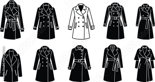 Set of stylish trench coats and overcoats in black and white showcasing different designs and silhouettes