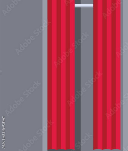 Red curtains closing off fitting rooms inside a fashion store, creating privacy for trying on clothes