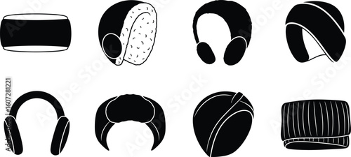 Set of eight different winter hats and ear warmers depicted in a black and white sketch style