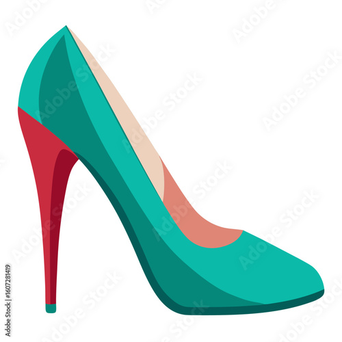 Elegant Teal High Heel Shoe with Red Heel and Beige Interior a Stylish and Fashionable Footwear Illustration for Design Projects and Creative Visuals Isolated on