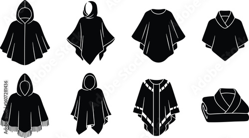Set of black silhouette fashion illustrations showcasing various poncho styles with hoods and decorative elements
