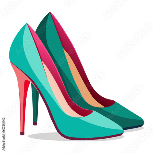 Stylish High Heel Shoes A Pair of Fashionable Pumps in Teal and Dark Green with Contrasting Pink and Beige Interiors Perfect for Fashion Style and