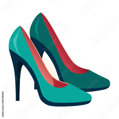 Elegant Pair of Teal and Dark Green High Heel Shoes with Red Interior Isolated on White Background Fashionable Footwear Stylish Design Modern Aesthetic Chic Accessory