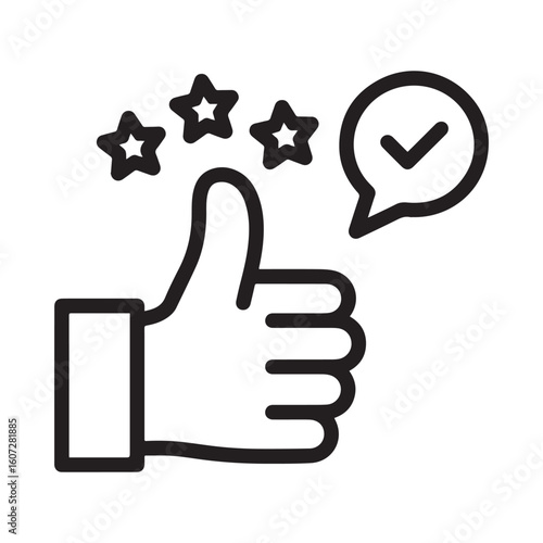 : A simple black and white line art icon of a thumbs up gesture with three stars and a checkmark.