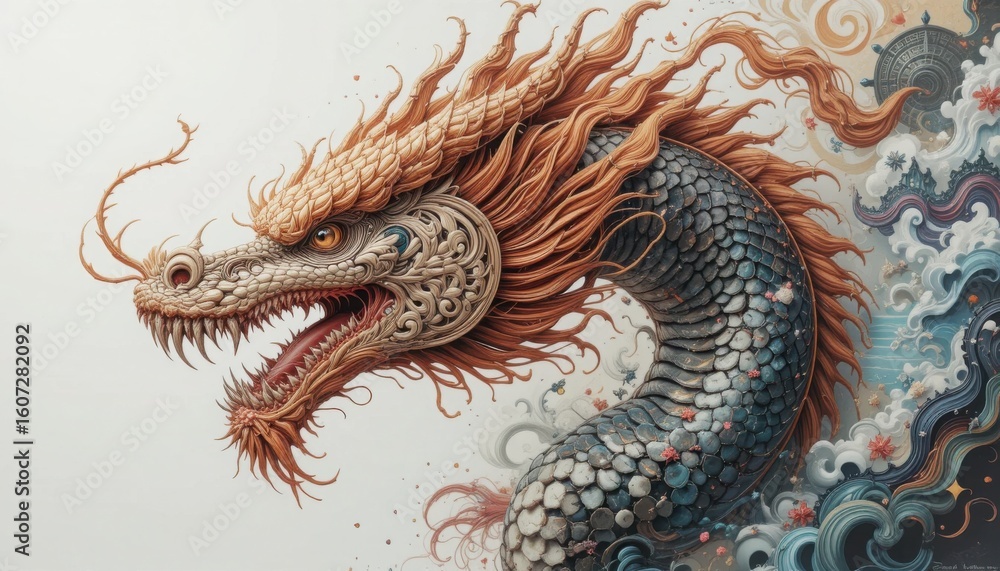 Obraz premium Red horned dragon in traditional style