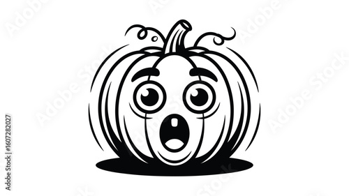 Cartoon pumpkin in black and white express shock. Ideal for Halloween themed designs, greeting cards, childrens books, and social media posts.