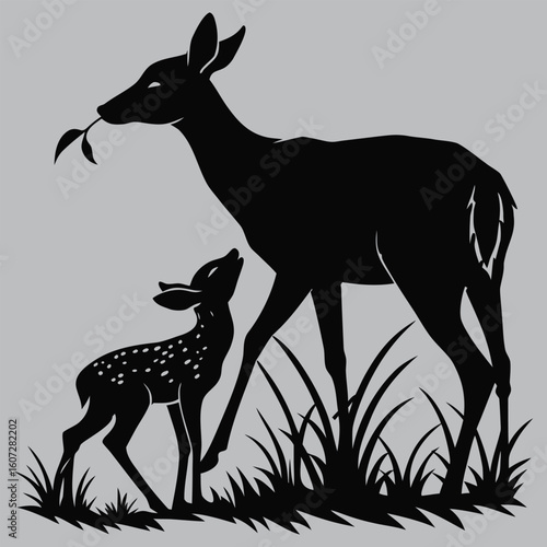 Deer Licking Newborn Fawn in Nature silhouette vector design art and illustration