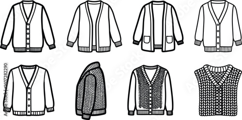Set of hand drawn fashion illustrations showcasing various styles of cardigans and a knitted top