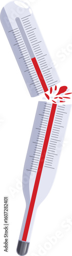 Broken medical mercury thermometer showing extreme temperature