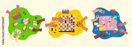 Creative board game hobbies. Human arms actively playing a tabletop game. Game elements like dice, cards, and pawns. Fun social activity. Vector illustration
