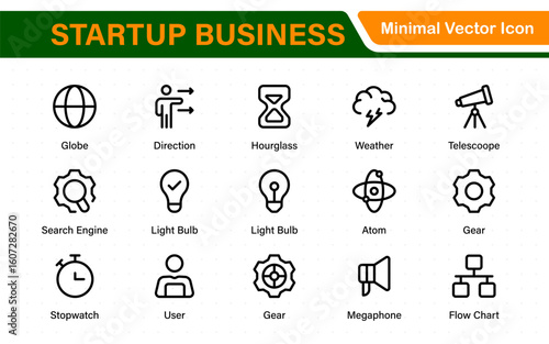 Startup business line icons set. Editable stroke business symbols. Innovation, growth, idea, and strategy icon collection. Thin line vector set for development.