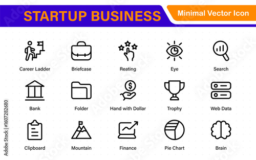 Startup business line icons set. Editable stroke business symbols. Innovation, growth, idea, and strategy icon collection. Thin line vector set for development.