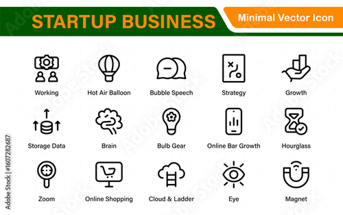 Startup business line icons set. Editable stroke business symbols. Innovation, growth, idea, and strategy icon collection. Thin line vector set for development.